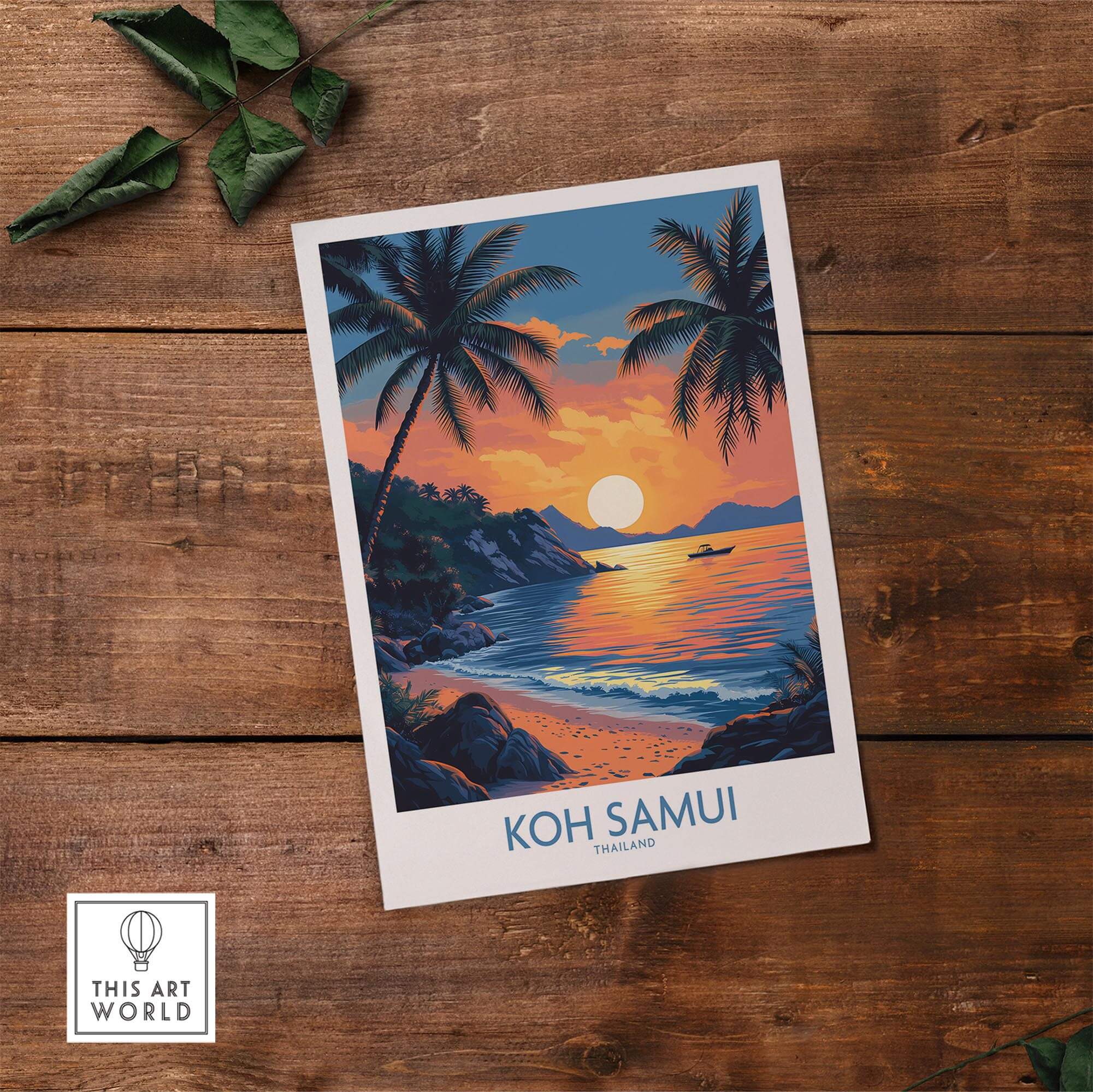 Koh Samui Thailand Travel Poster featuring vibrant sunset and palm trees on a wooden background.