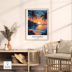 Koh Samui Thailand Travel Poster displayed in a home setting with ocean sunset and palm trees.