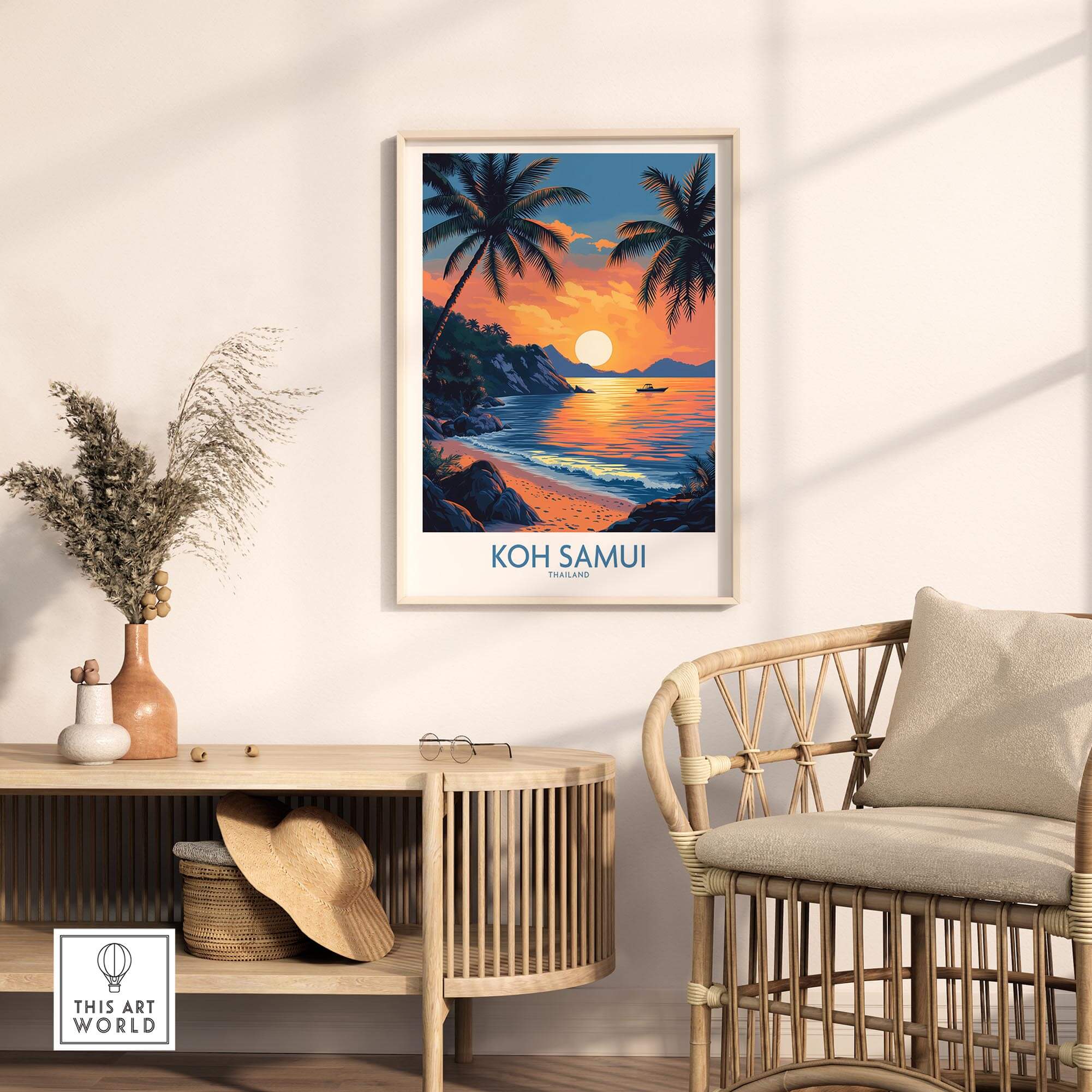 Koh Samui Thailand Travel Poster displayed in a home setting with ocean sunset and palm trees.