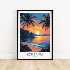 Koh Samui Thailand Travel Poster featuring sunset, palm trees, and stunning beach scenery.