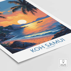Koh Samui Thailand Travel Poster showcasing sunset over the beach with palm trees and vibrant colors.