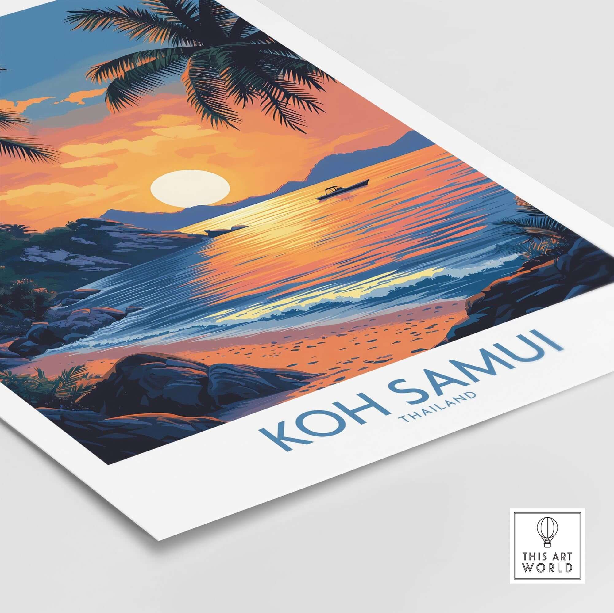 Koh Samui Thailand Travel Poster showcasing sunset over the beach with palm trees and vibrant colors.