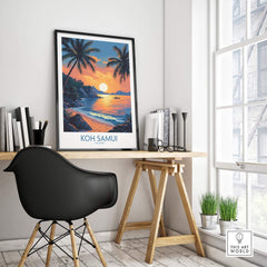 Koh Samui Thailand Travel Poster displayed in a home office, featuring a beach sunset and vibrant landscapes.
