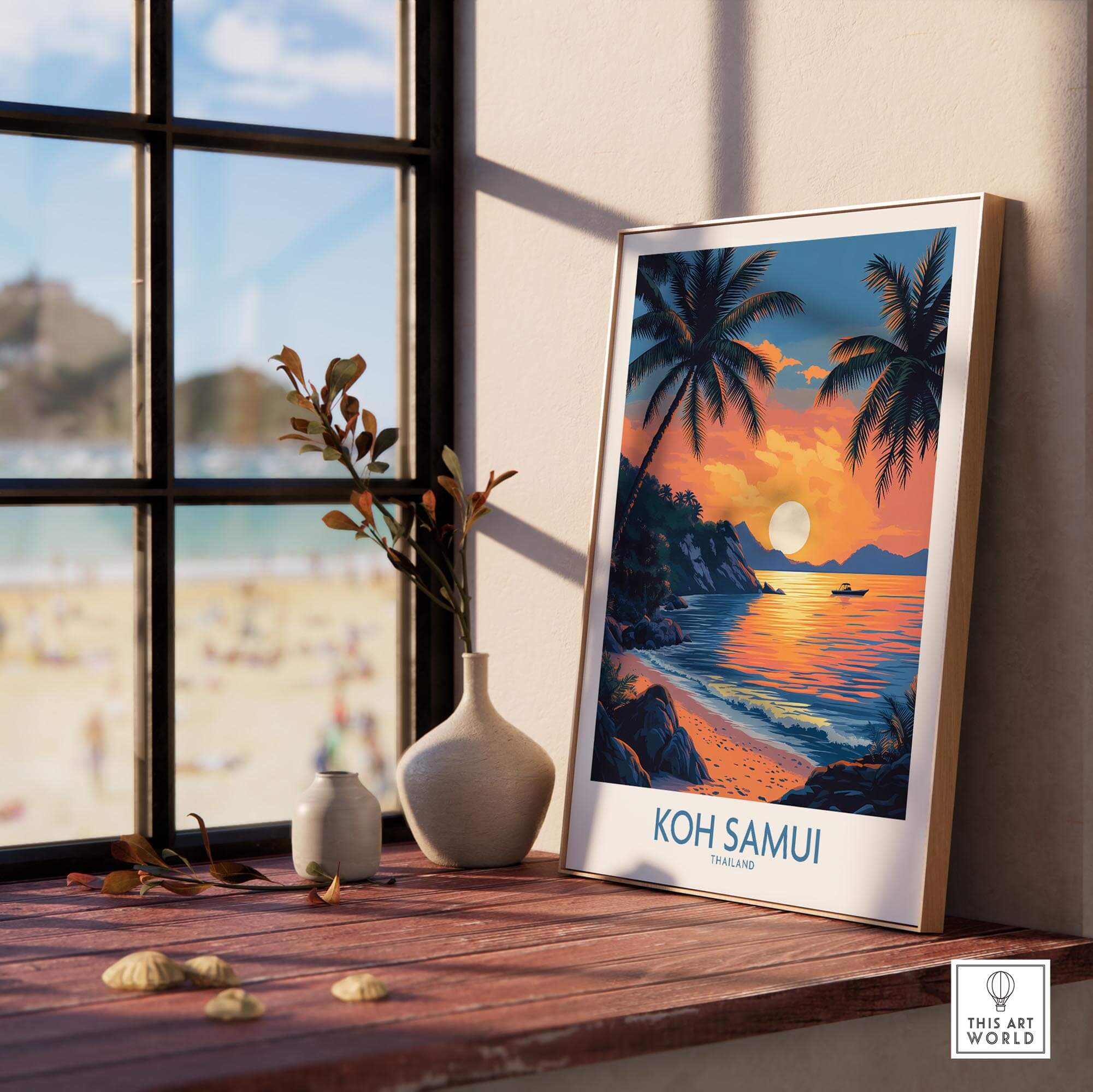 Koh Samui Thailand Travel Poster featuring stunning sunset view with palm trees and serene beach.