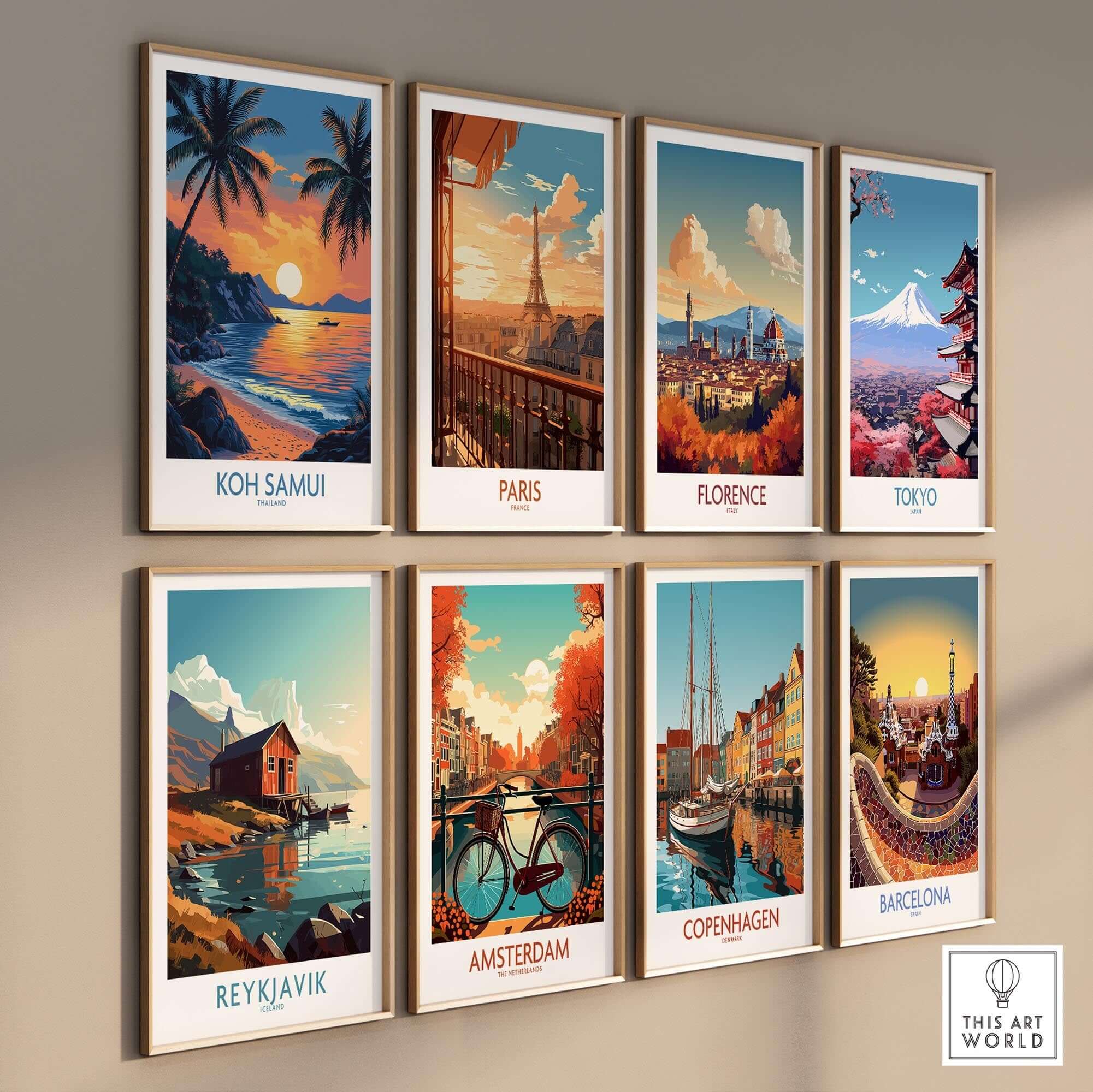 Koh Samui Thailand Travel Poster amidst other travel destination posters on a wall.
