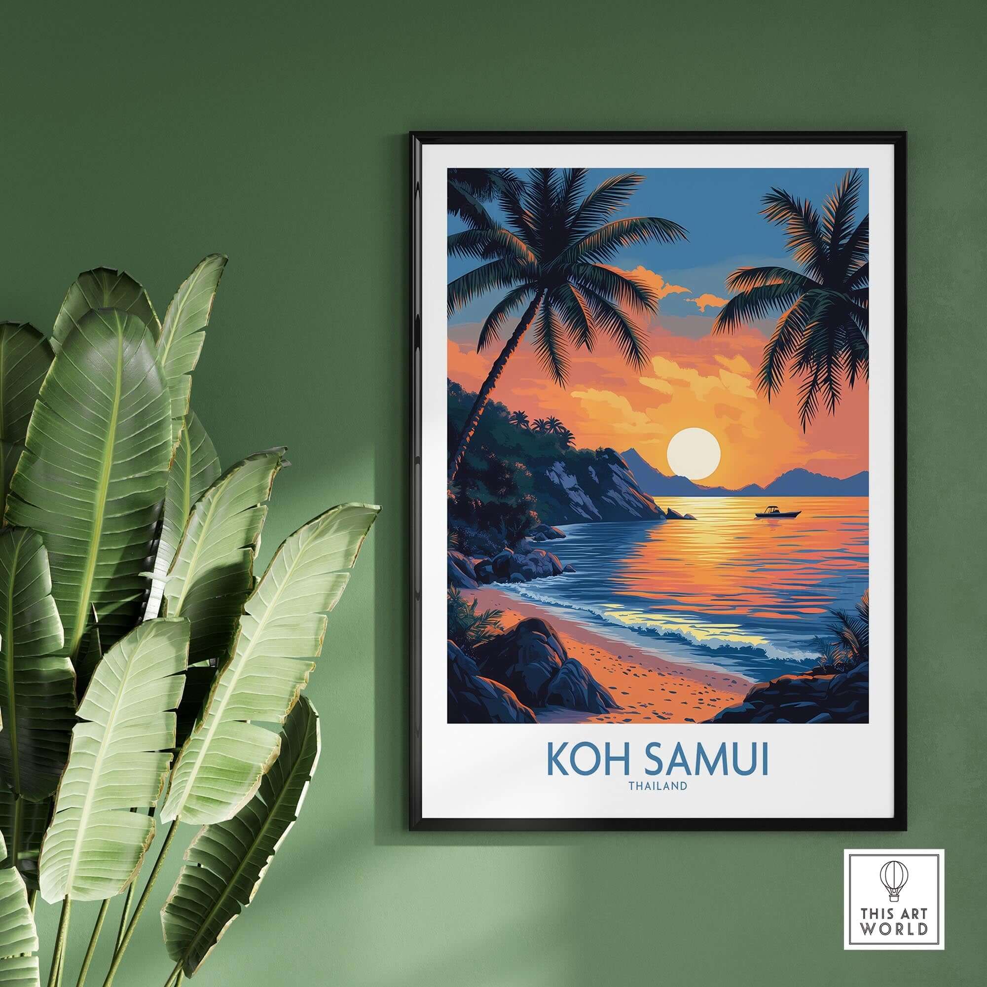 Koh Samui Thailand Travel Poster featuring stunning sunset and palm trees, perfect wall art for travel lovers.
