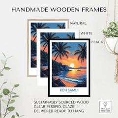 Koh Samui Thailand Travel Poster framed in handmade wooden frames, showcasing vibrant landscapes ready to hang.