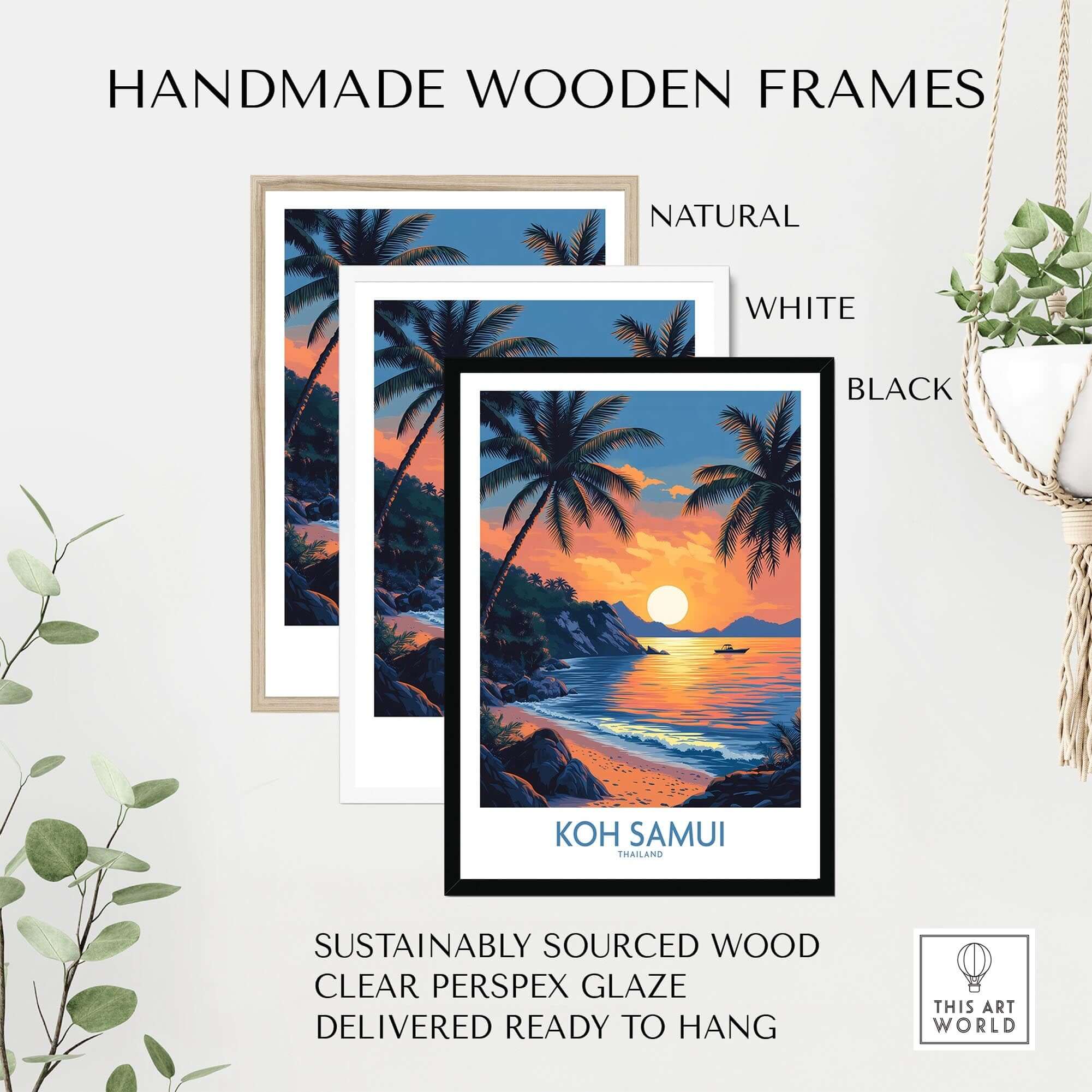 Koh Samui Thailand Travel Poster framed in handmade wooden frames, showcasing vibrant landscapes ready to hang.