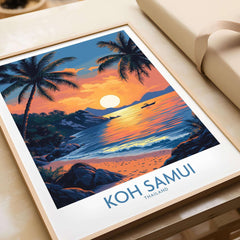 Koh Samui Thailand Travel Poster showcasing a vibrant sunset and palm trees on a beach in Koh Samui, Thailand.
