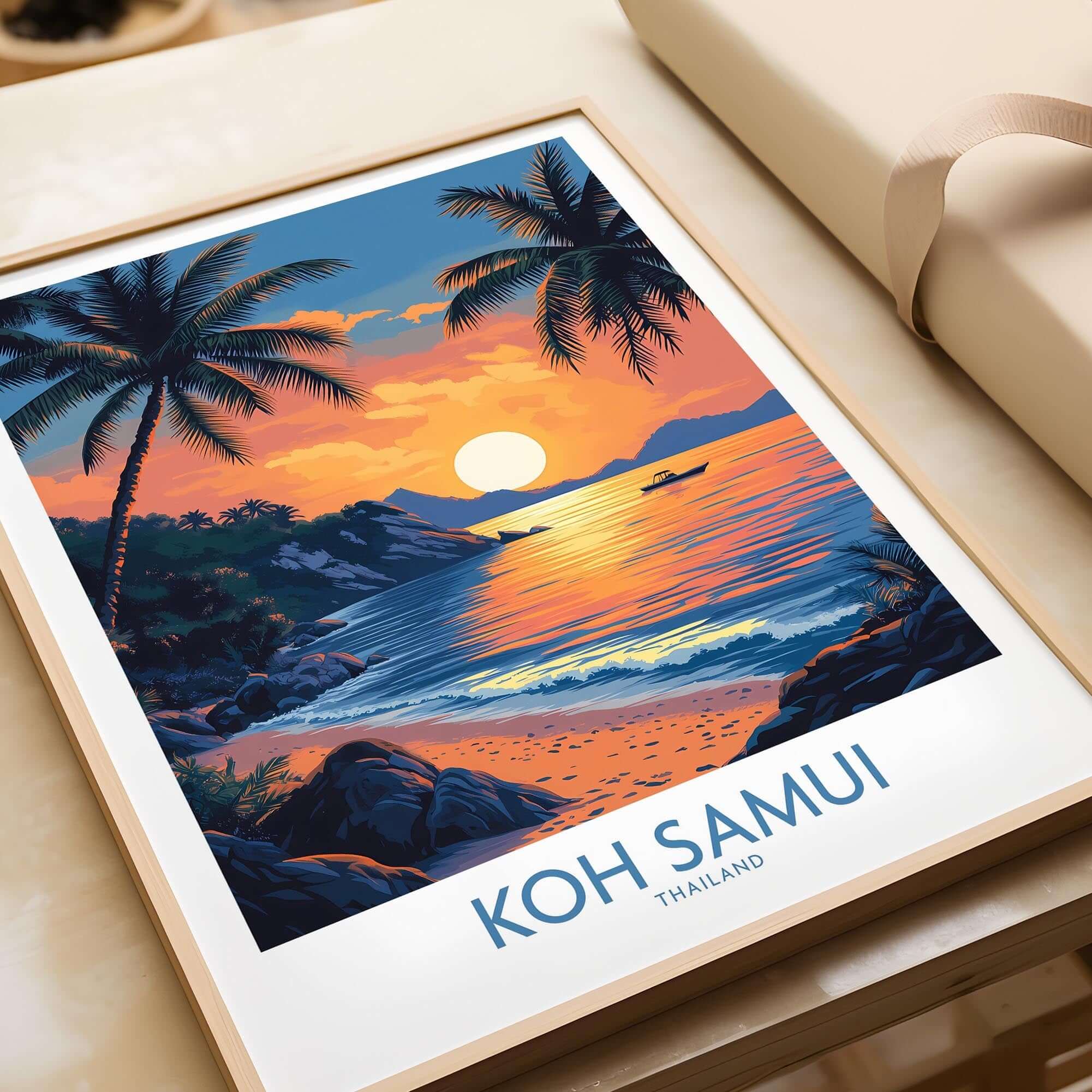 Koh Samui Thailand Travel Poster showcasing a vibrant sunset and palm trees on a beach in Koh Samui, Thailand.