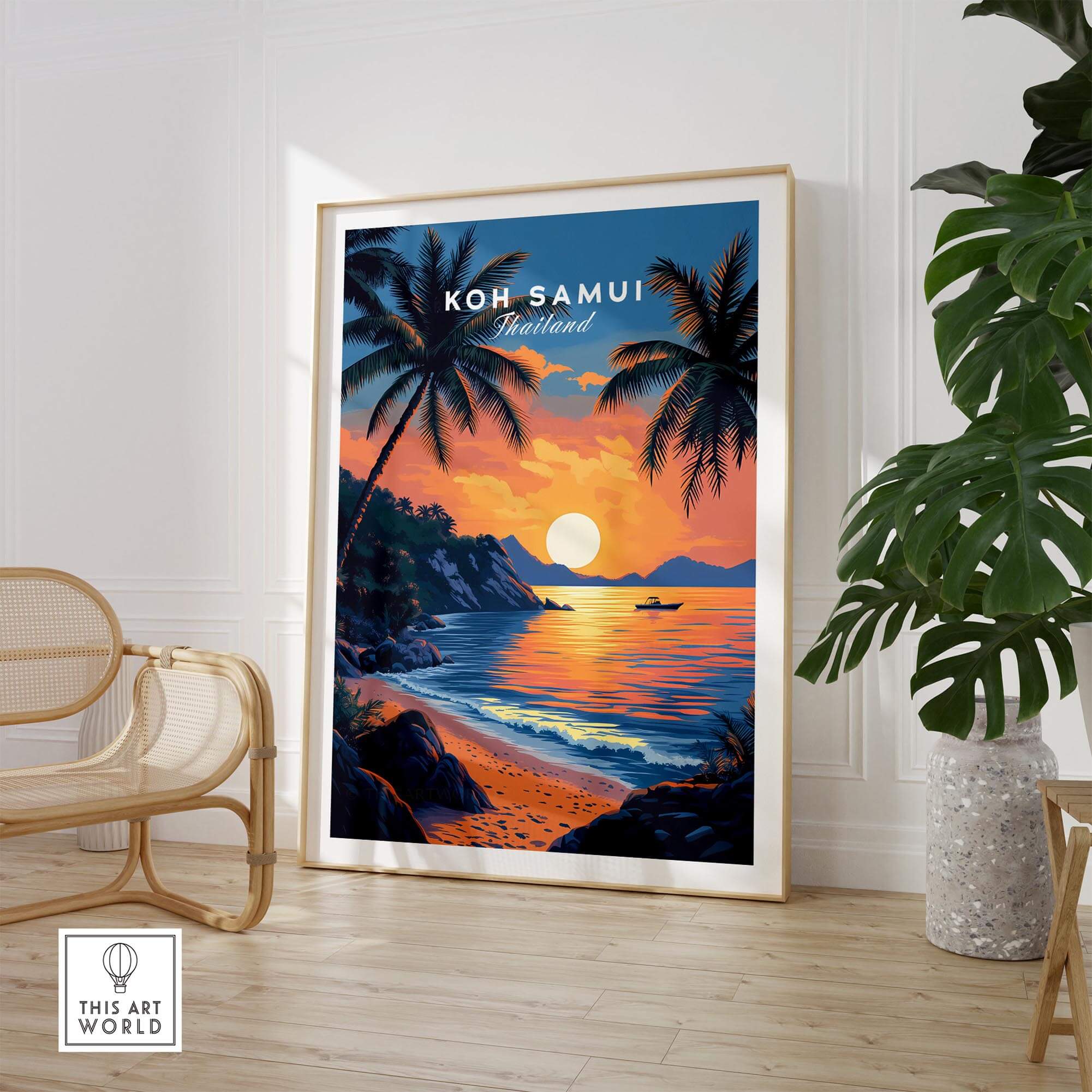 Koh Samui Thailand Travel Print featuring a beach sunset and palm trees, perfect for home decor.