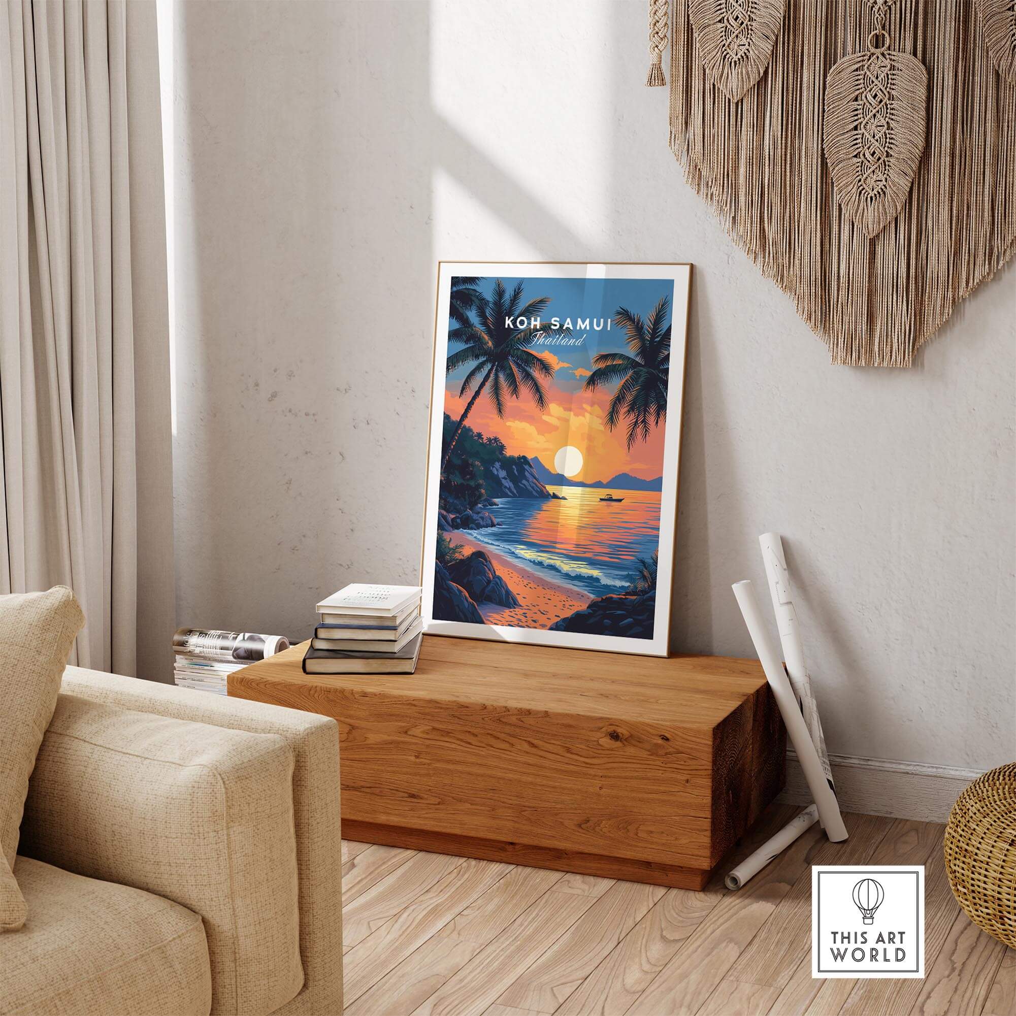 Koh Samui Thailand Travel Print showcasing a beach sunset, ideal for home decor and wanderlust inspiration.