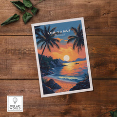 Koh Samui Thailand Travel Print depicting a vibrant sunset over a beach with palm trees.