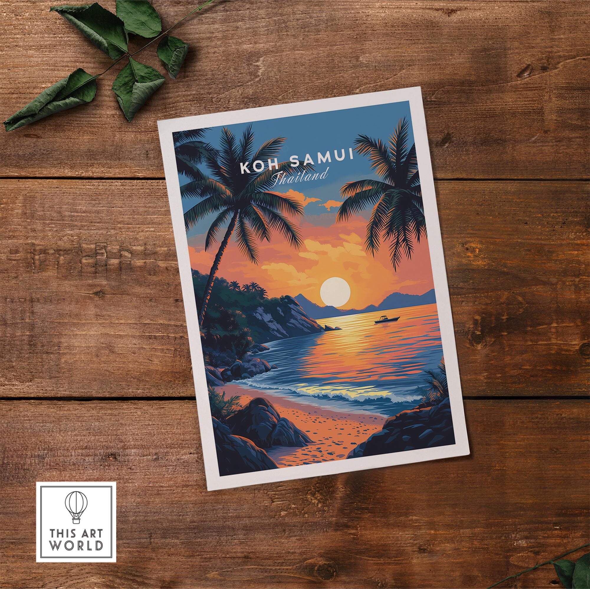 Koh Samui Thailand Travel Print depicting a vibrant sunset over a beach with palm trees.