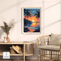 Koh Samui Thailand Travel Print showcasing a vibrant beach sunset with palm trees in a home decor setting.