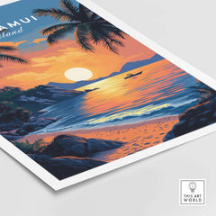 Koh Samui Thailand Travel Print showcasing a sunset over the beach with lush palm trees and a serene ocean view.