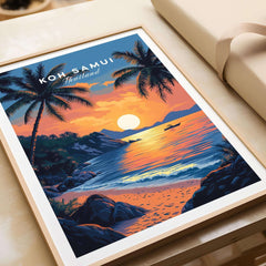 Koh Samui Thailand Travel Print featuring a stunning beach sunset and palm trees, perfect for home decor.