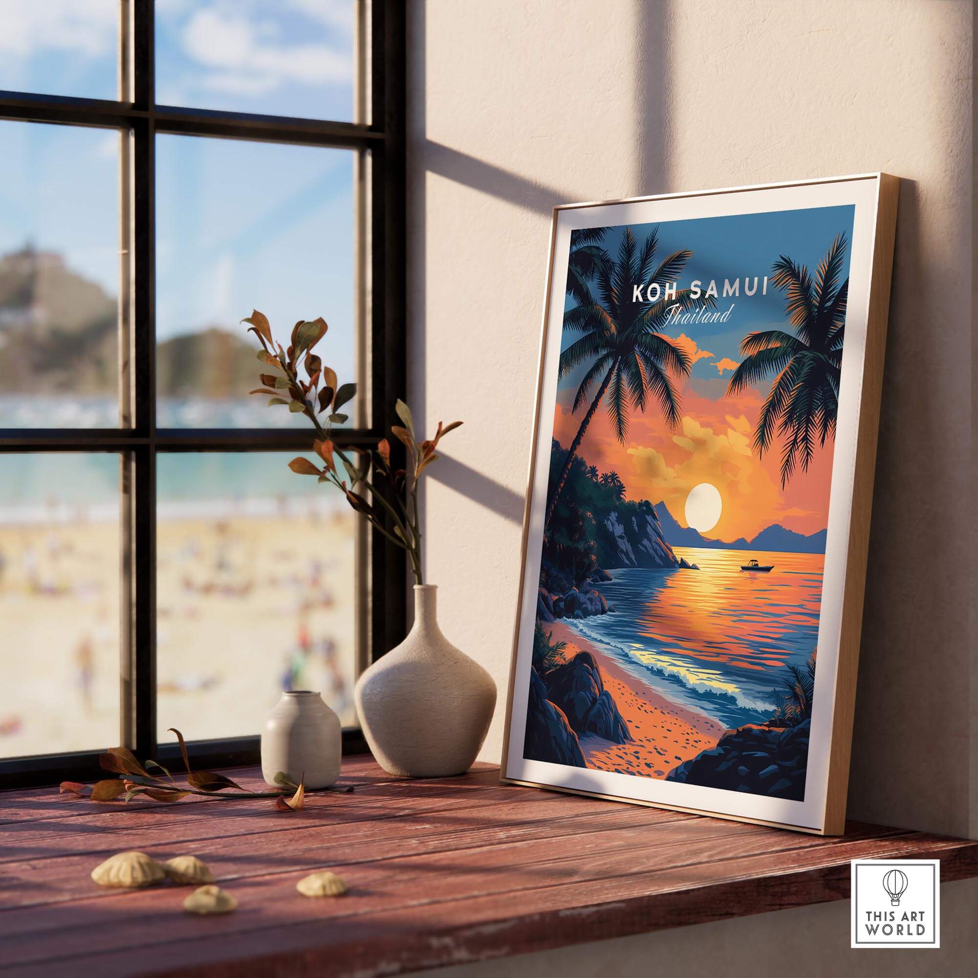Koh Samui Thailand Travel Print featuring a beautiful beach sunset, perfect for home decor.