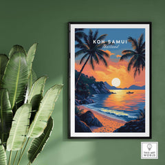 Koh Samui Thailand Travel Print featuring a beach sunset and palm trees in a vibrant tropical scene.