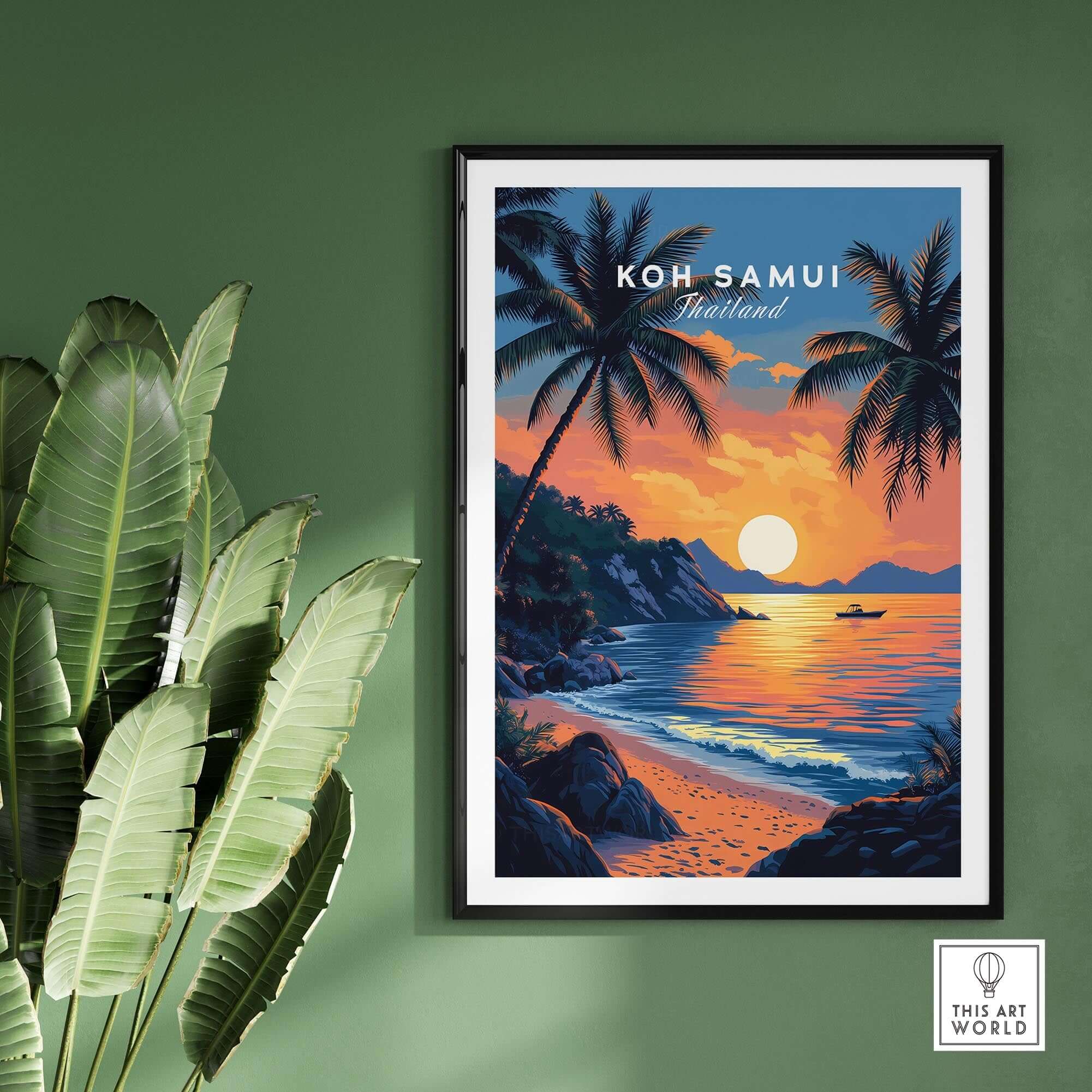 Koh Samui Thailand Travel Print featuring a beach sunset and palm trees in a vibrant tropical scene.