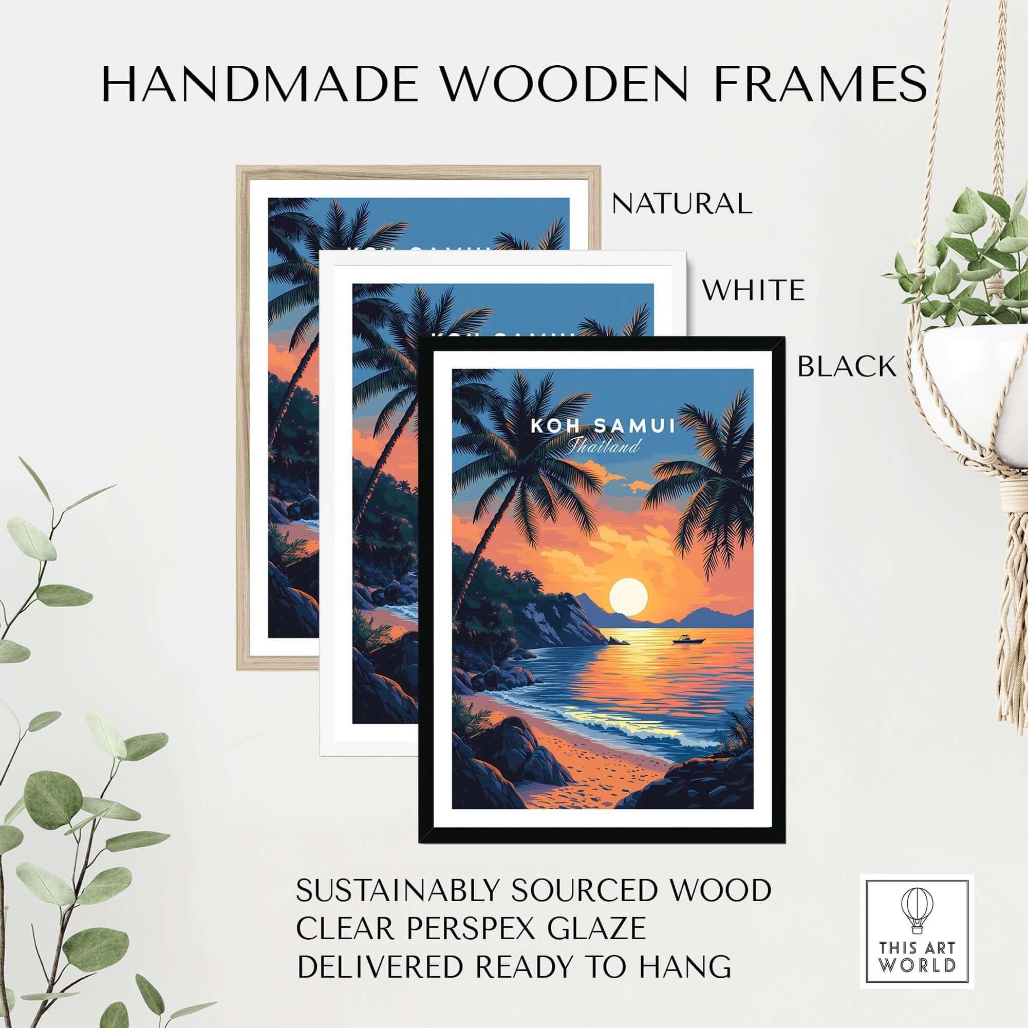 Koh Samui Thailand Travel Print framed in handmade wooden frames in natural, white, and black colors.