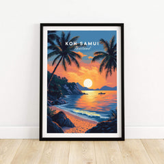 Koh Samui Thailand Travel Print featuring a beautiful beach sunset and tropical palm trees.