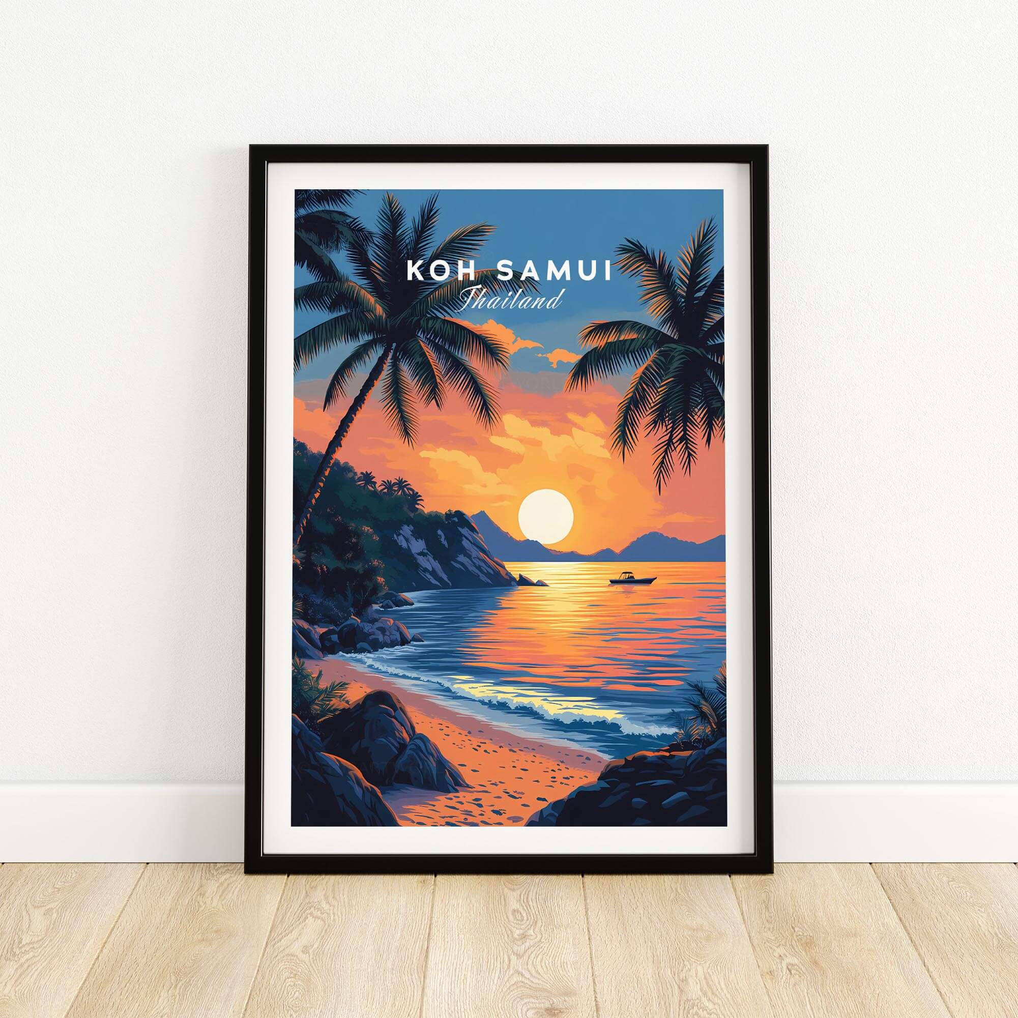 Koh Samui Thailand Travel Print featuring a beautiful beach sunset and tropical palm trees.
