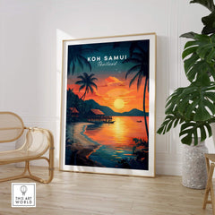 Koh Samui Thailand Wall Art featuring vibrant sunset colors and tropical scenery in a stylish modern living room setting.
