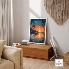 Koh Samui Thailand Wall Art showcasing vibrant sunset and beach scenery in a stylish living room setting.