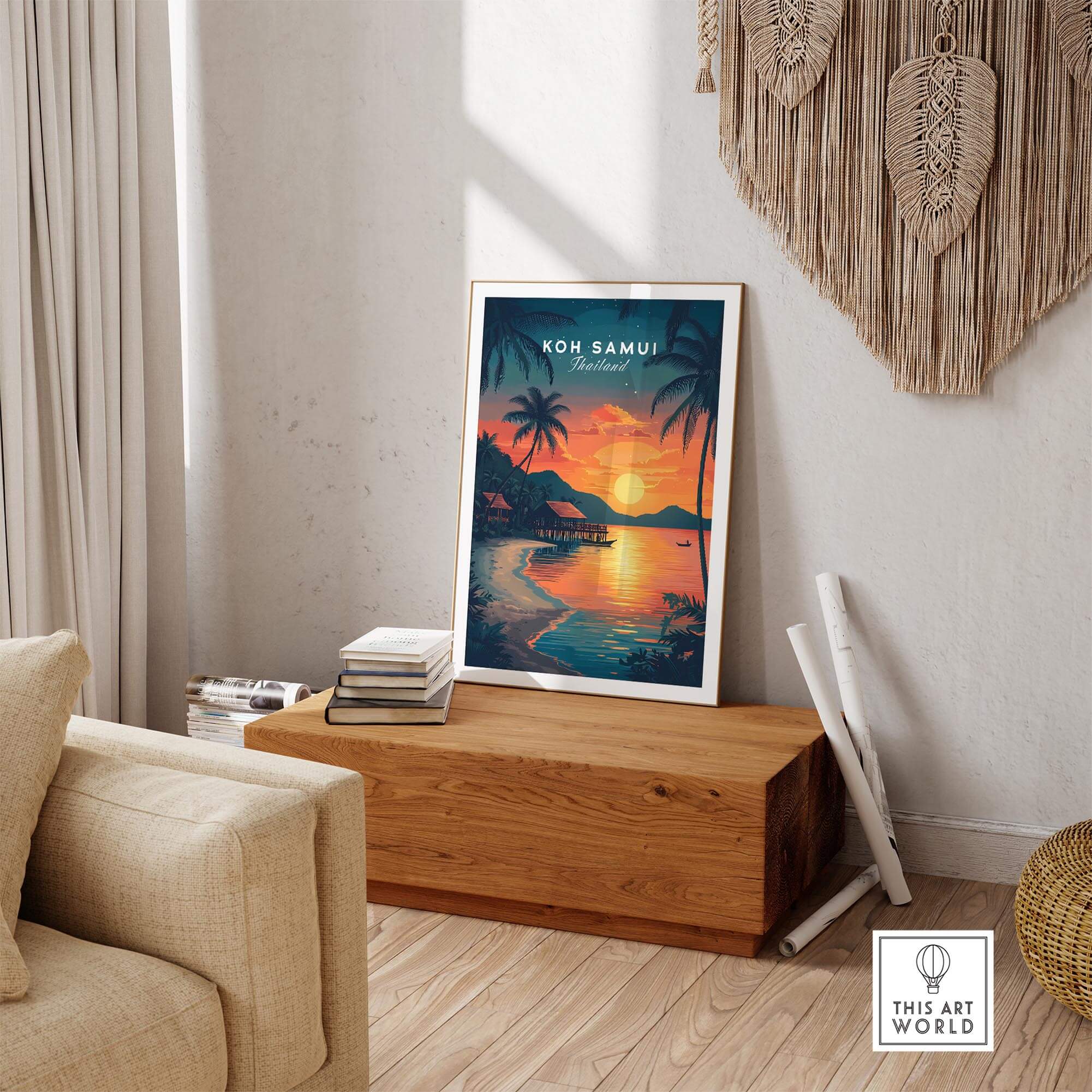 Koh Samui Thailand Wall Art showcasing vibrant sunset and beach scenery in a stylish living room setting.