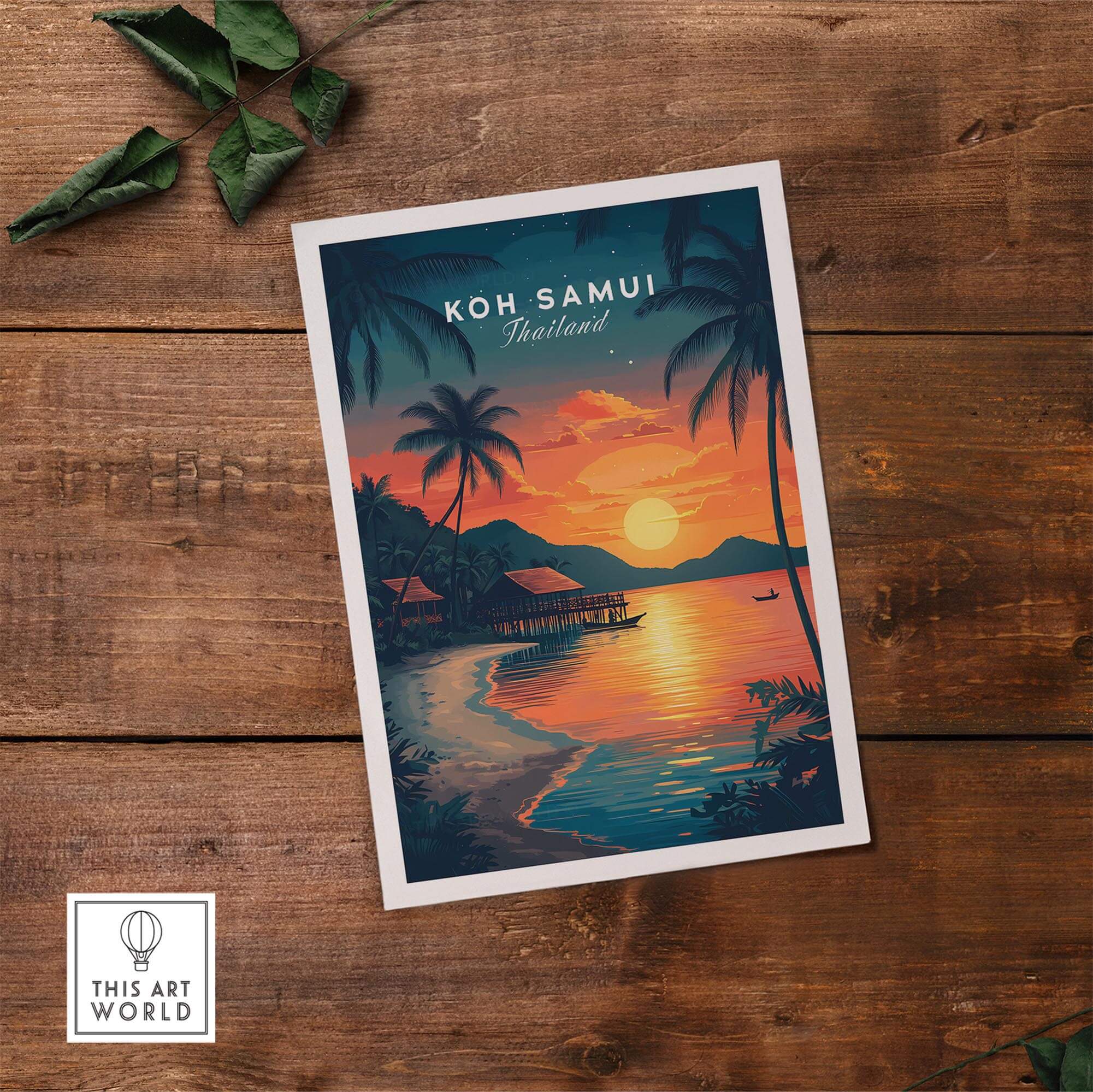 Koh Samui Thailand Wall Art featuring a vibrant sunset and palm trees, bringing tropical paradise into your home.