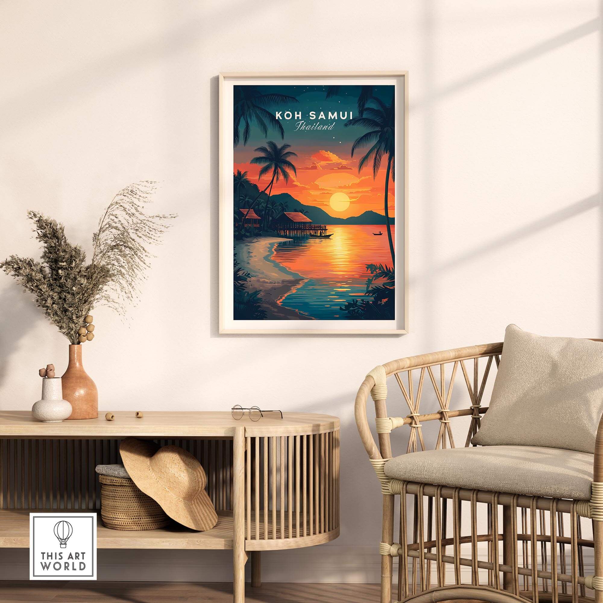Koh Samui Thailand Wall Art featuring vibrant sunset and tropical landscape in a stylish interior setting.