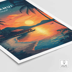 Koh Samui Thailand Wall Art featuring a vibrant tropical sunset over the ocean with palm trees.