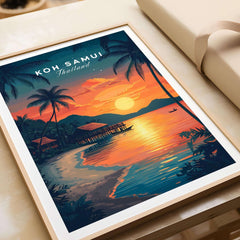 Koh Samui Thailand Wall Art featuring a vibrant sunset with palm trees and a tranquil beach scene.