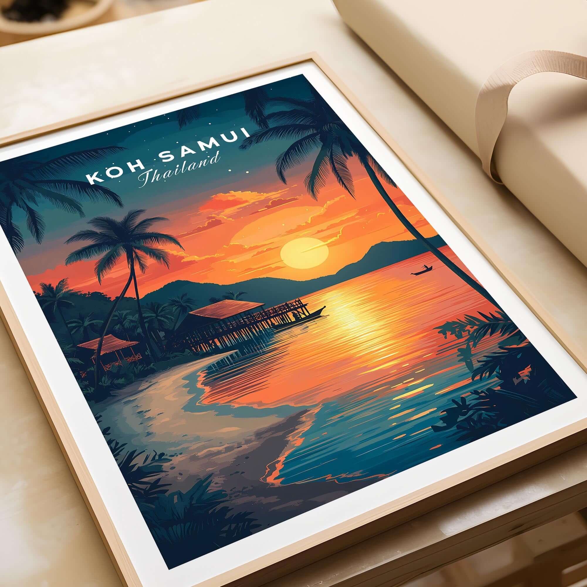 Koh Samui Thailand Wall Art featuring a vibrant sunset with palm trees and a tranquil beach scene.