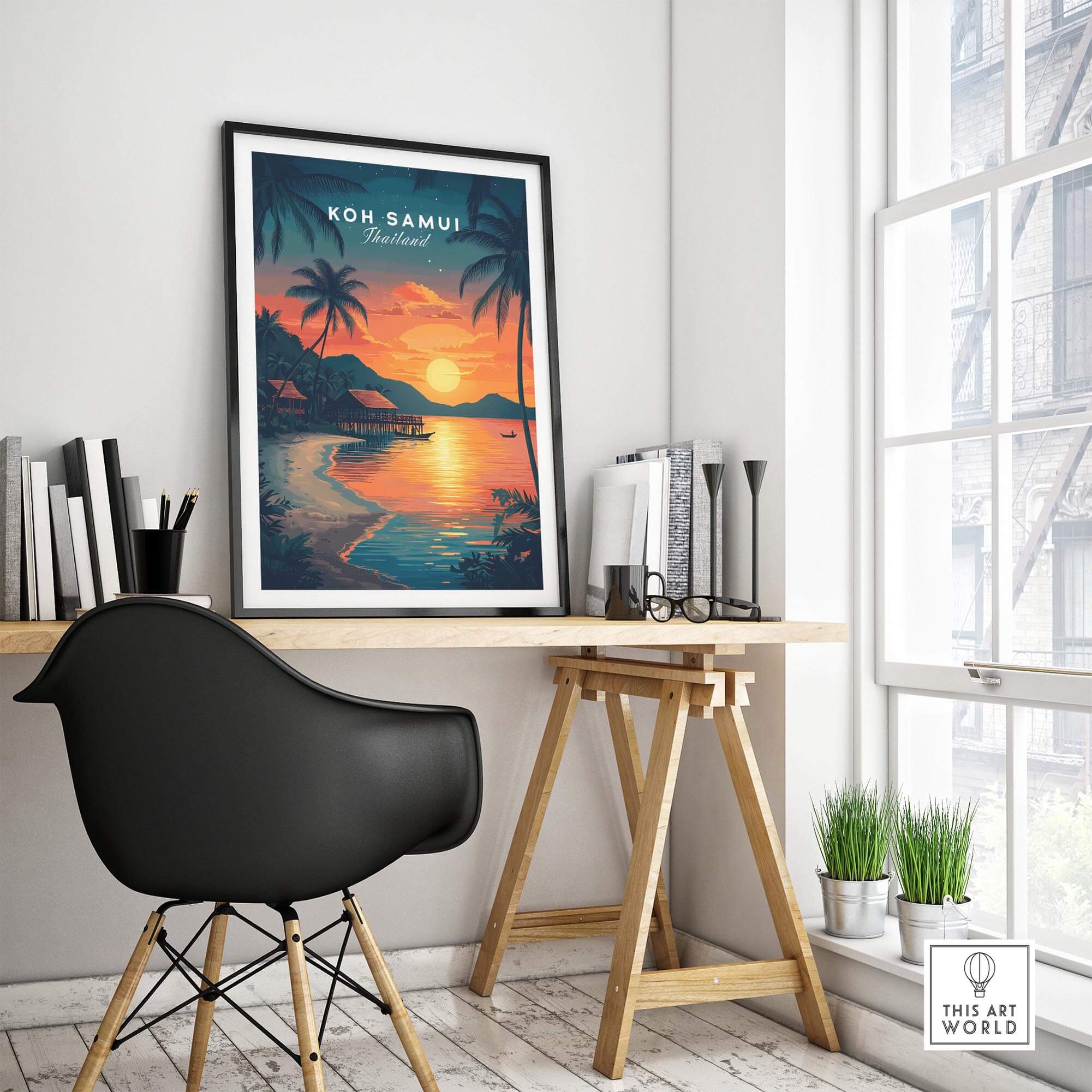 Koh Samui Thailand Wall Art displayed on a desk, featuring tropical sunset and vibrant colors.