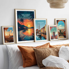 Koh Samui Thailand Wall Art framed prints displayed above a cozy sofa, showcasing vibrant tropical designs.
