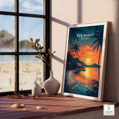 Koh Samui Thailand Wall Art displayed in a serene beachside setting, featuring vibrant sunset colors and palm trees.