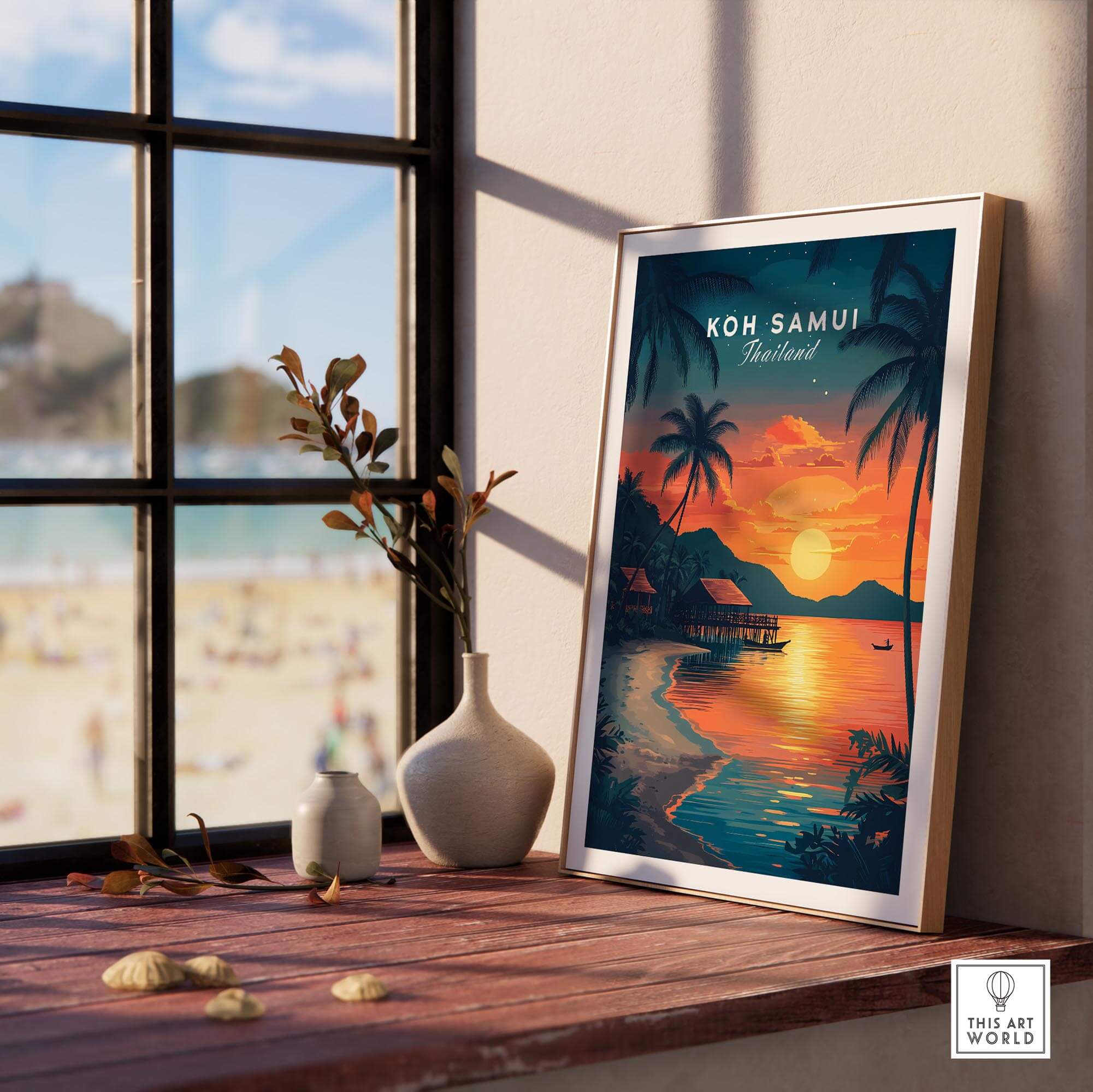 Koh Samui Thailand Wall Art displayed in a serene beachside setting, featuring vibrant sunset colors and palm trees.