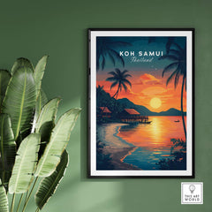 Koh Samui Thailand Wall Art featuring a sunset over the beach with tropical scenery, perfect for home decor.