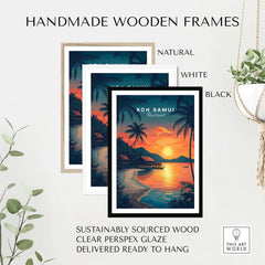 Koh Samui Thailand Wall Art in handmade wooden frames showcasing vibrant tropical sunset design.