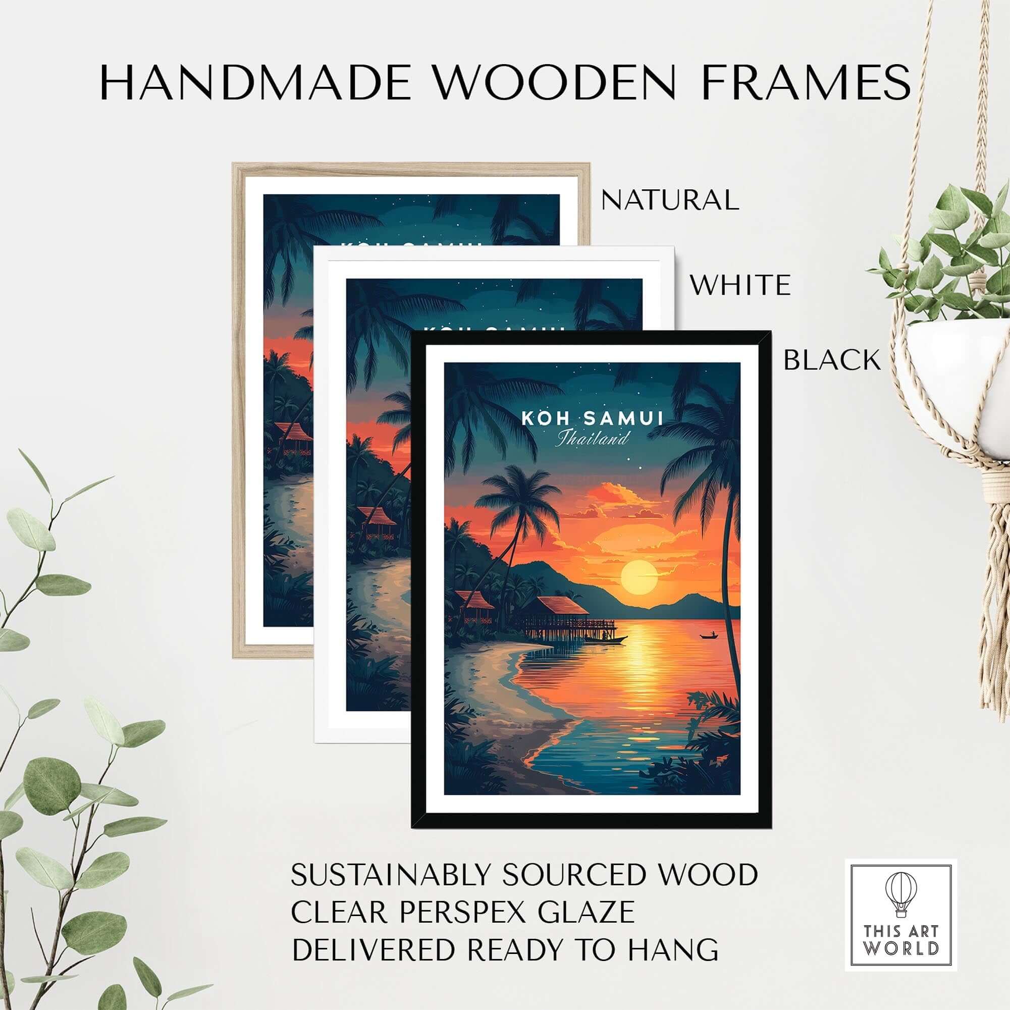 Koh Samui Thailand Wall Art in handmade wooden frames showcasing vibrant tropical sunset design.