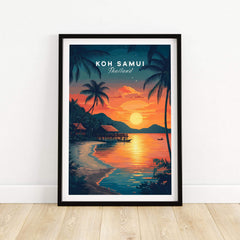 Koh Samui Thailand Wall Art featuring sunset over water and palm trees in vibrant colors.