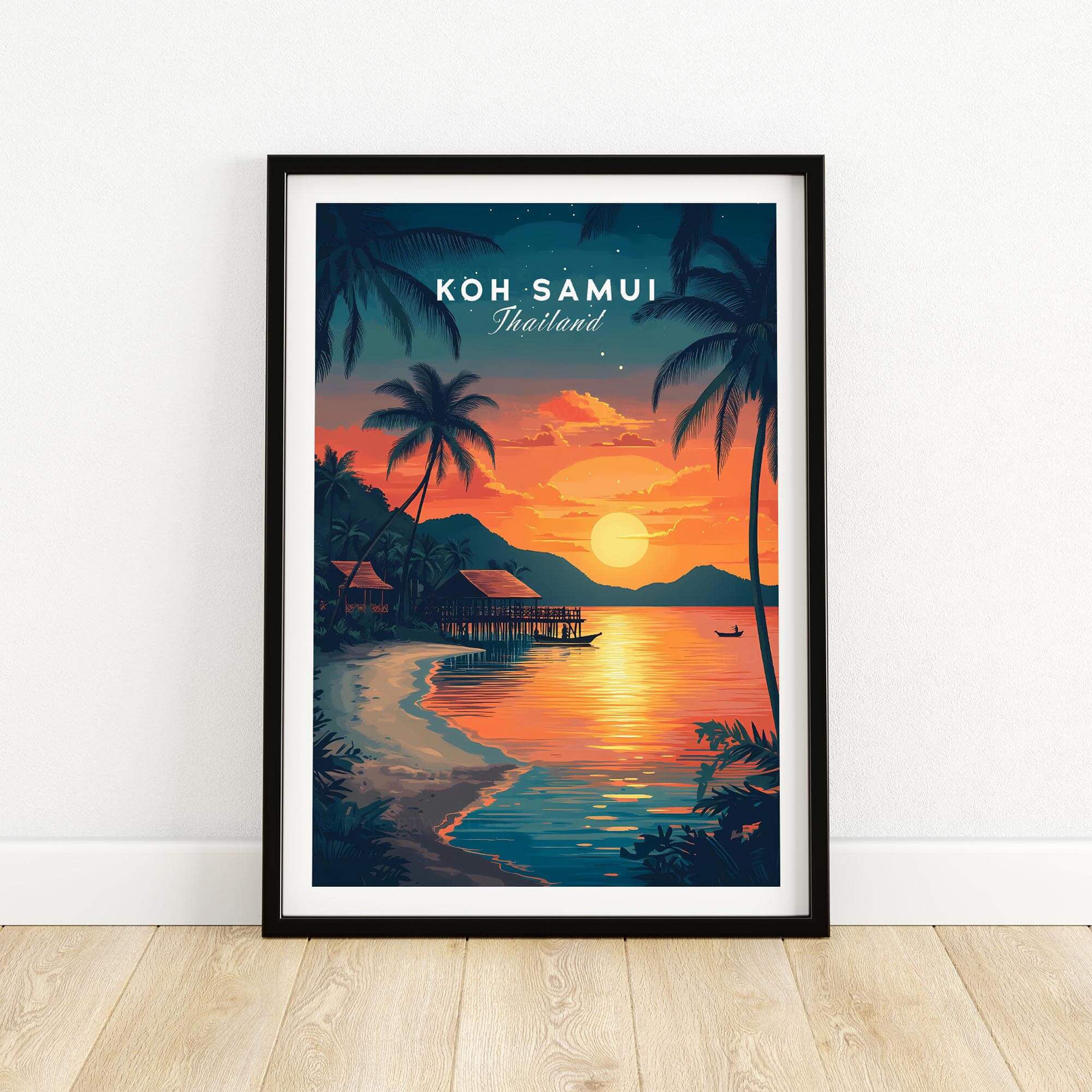 Koh Samui Thailand Wall Art featuring sunset over water and palm trees in vibrant colors.