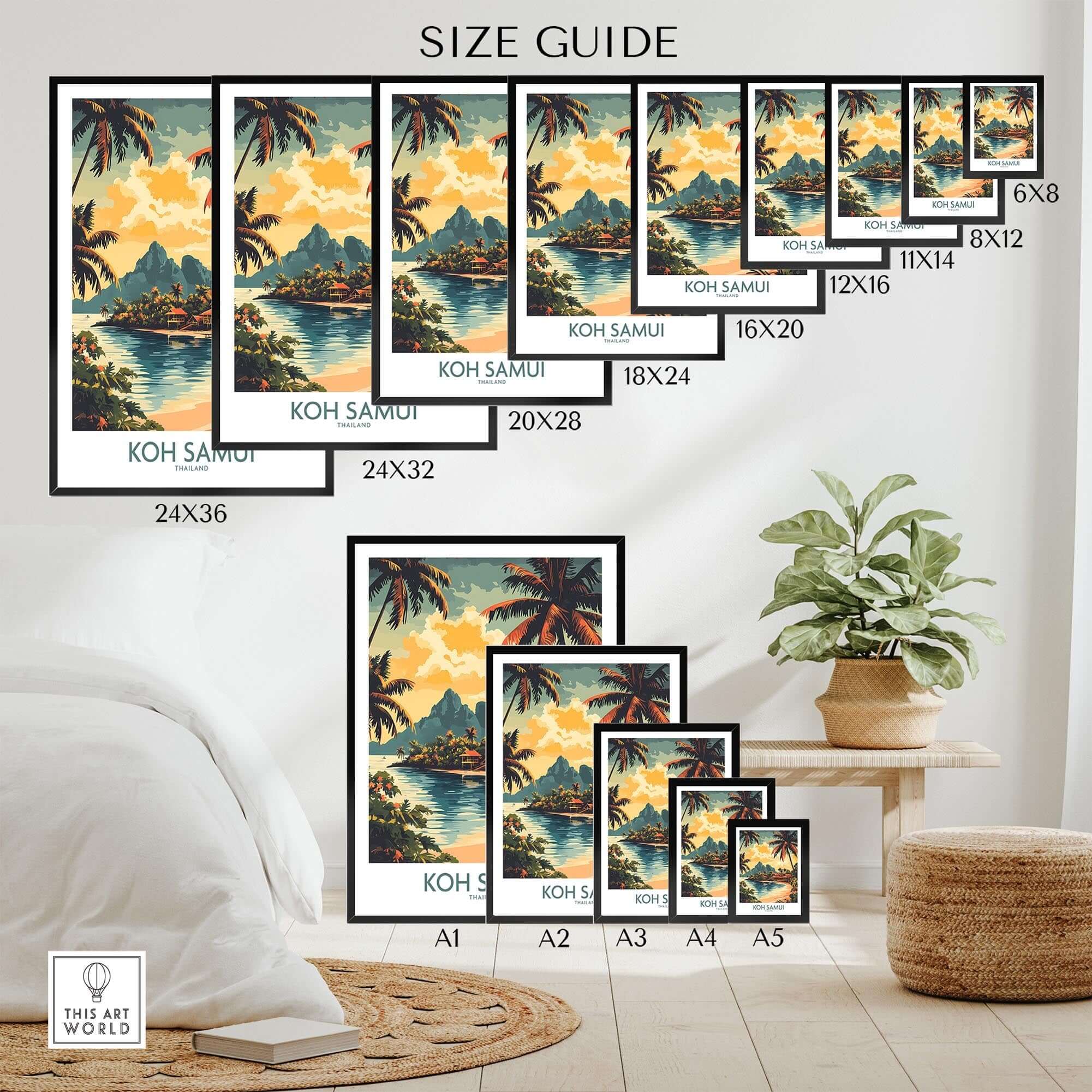 Size guide for Koh Samui Travel Poster showcasing available print sizes and design details.