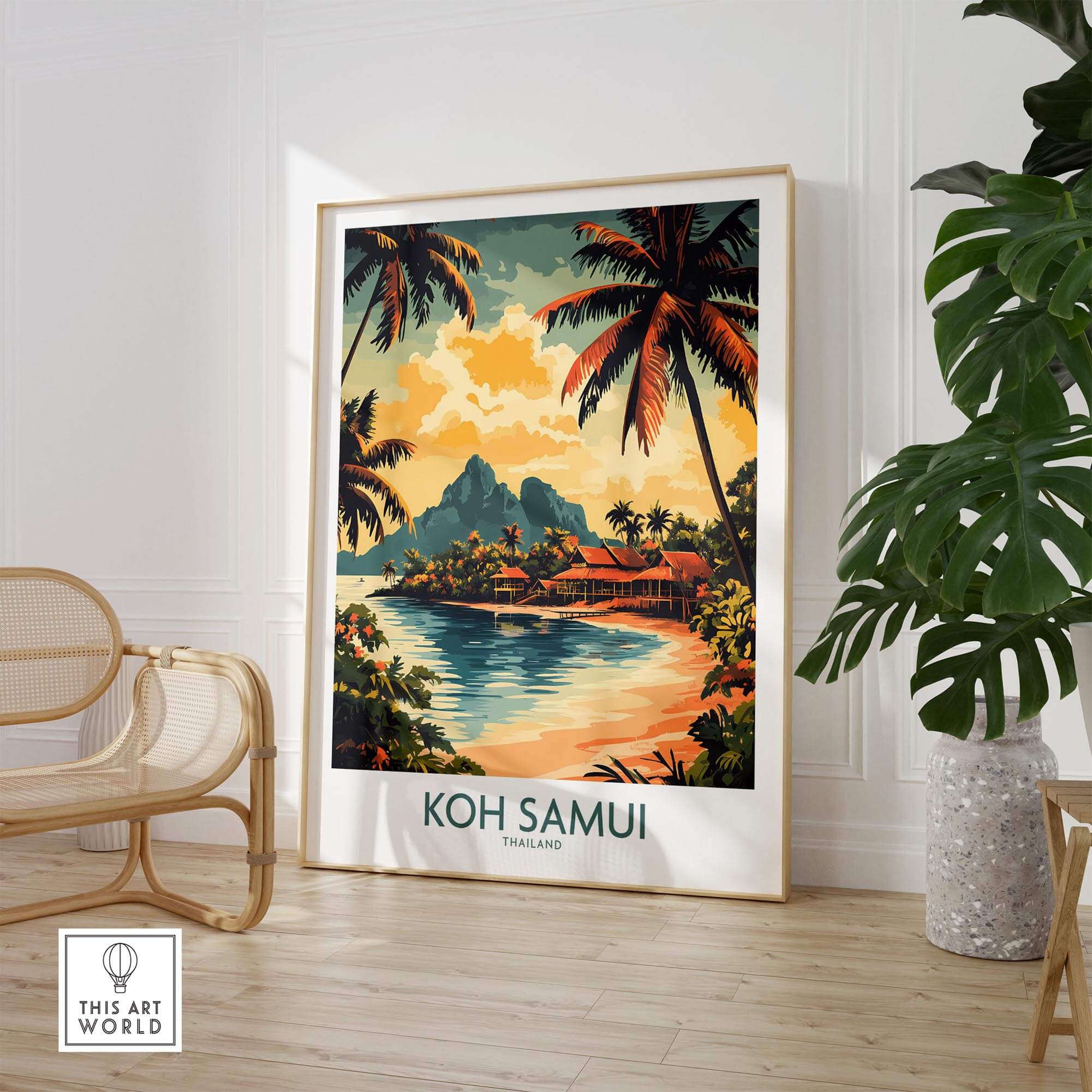 Koh Samui Travel Poster featuring vibrant colors and tropical landscape, perfect for enhancing your home decor.