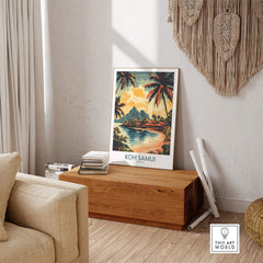 Koh Samui Travel Poster showcasing a beautiful tropical landscape with palm trees and serene waters, perfect for wall decor.