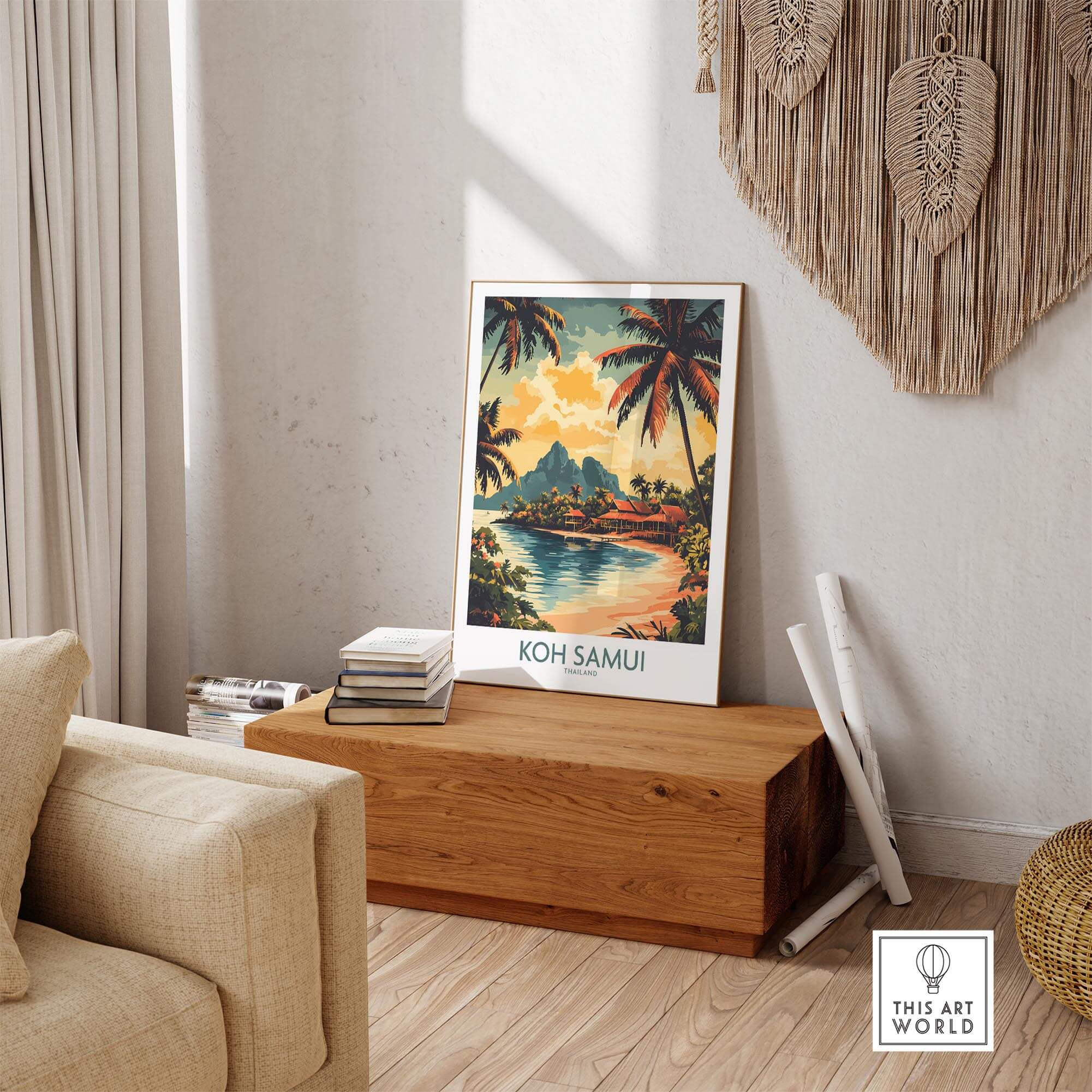 Koh Samui Travel Poster showcasing a beautiful tropical landscape with palm trees and serene waters, perfect for wall decor.