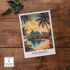 Koh Samui Travel Poster showcasing tropical beaches and palm trees in a vibrant Thai landscape.