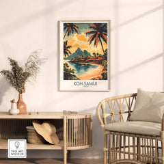 Koh Samui Travel Poster featuring vibrant colors and tropical scenery in a stylish home setting.